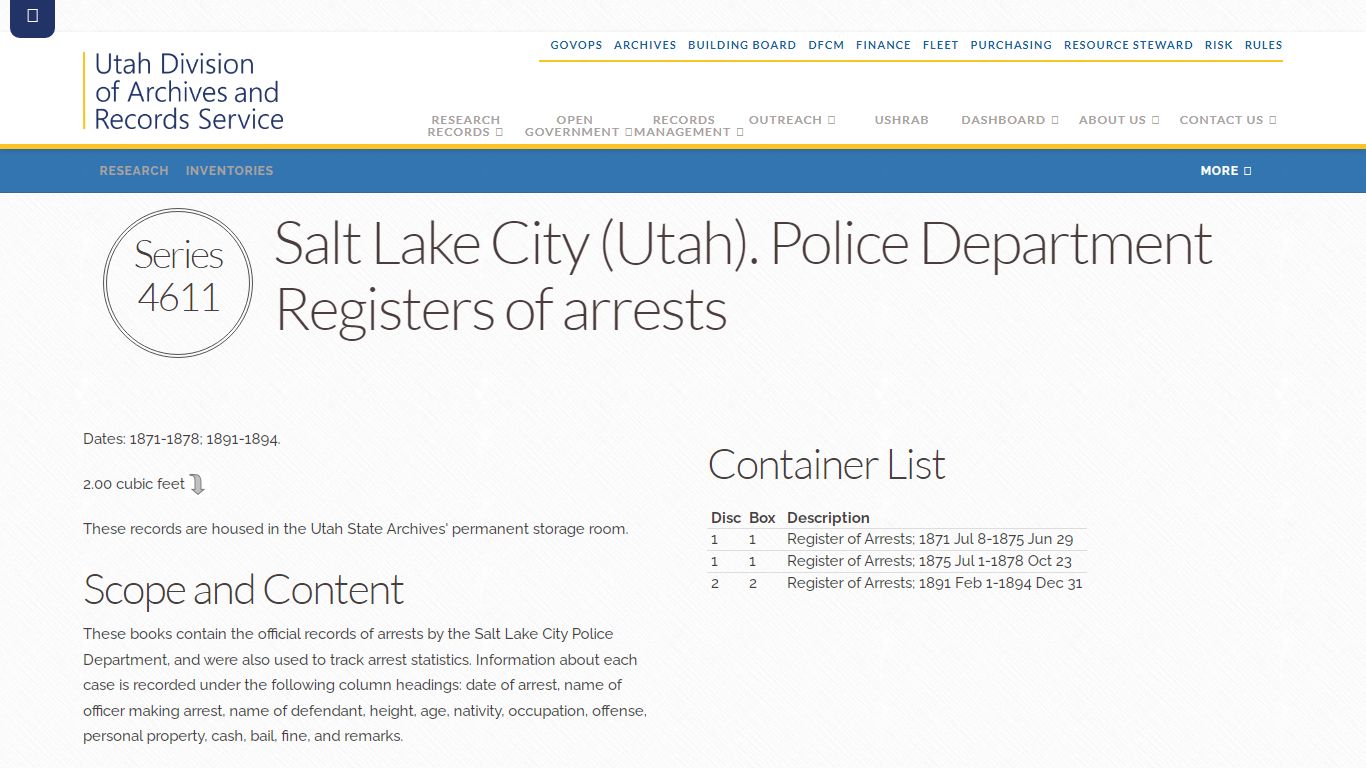 Salt Lake City (Utah). Police Department Registers of arrests